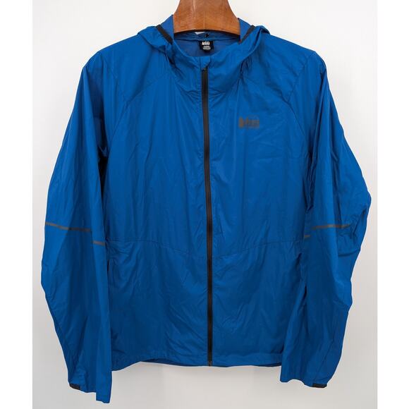Excellent Condition Lightweight REI Full Zip Hooded Blue Rain Jacket Men's XL